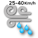 Cubierto y lluvia con viento entre 25 y 40 km/h